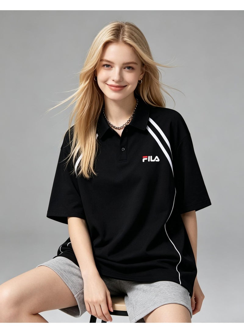 FILA Contrasting Semi-Zipped Polo Shirt for Men and Women Summer Loose Shoulder Short Sleeve Retro Lapel T-shirt - Image 4