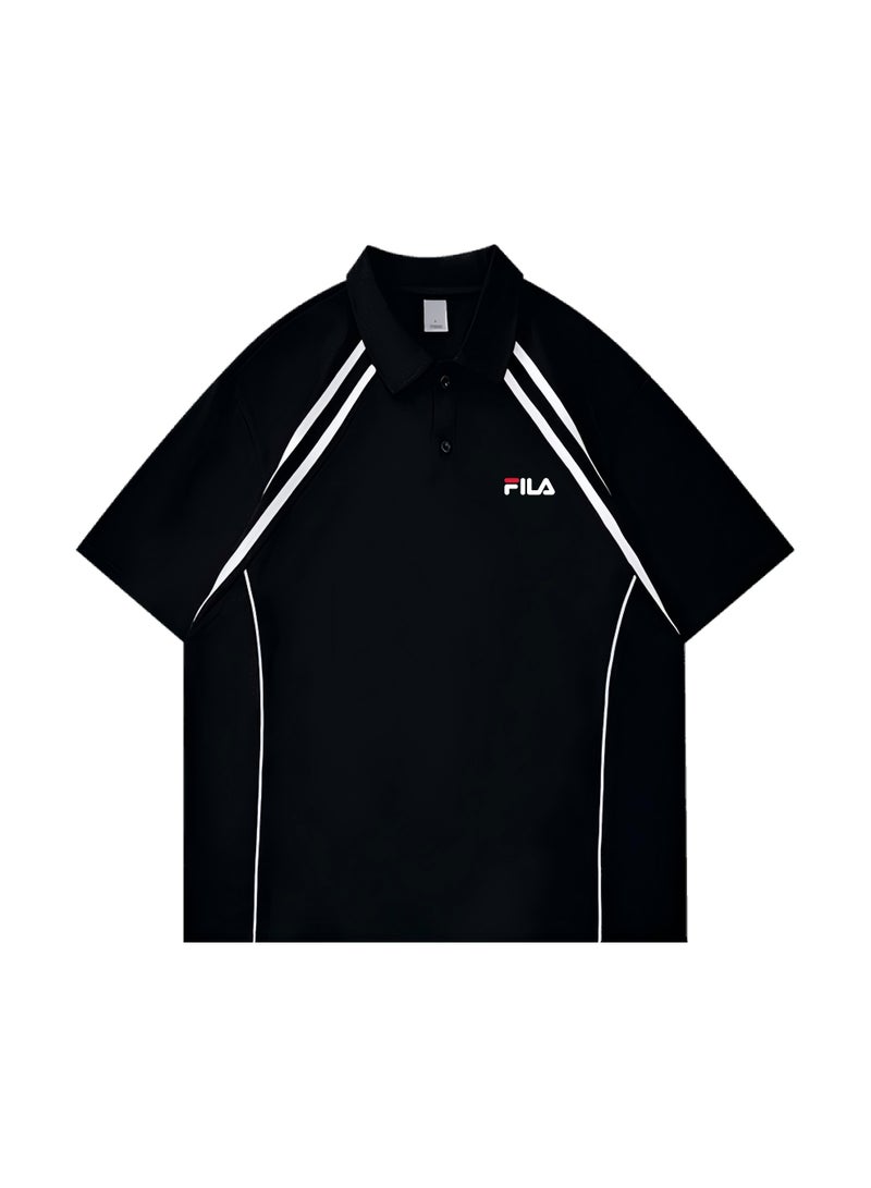 FILA Contrasting Semi-Zipped Polo Shirt for Men and Women Summer Loose Shoulder Short Sleeve Retro Lapel T-shirt - Image 3