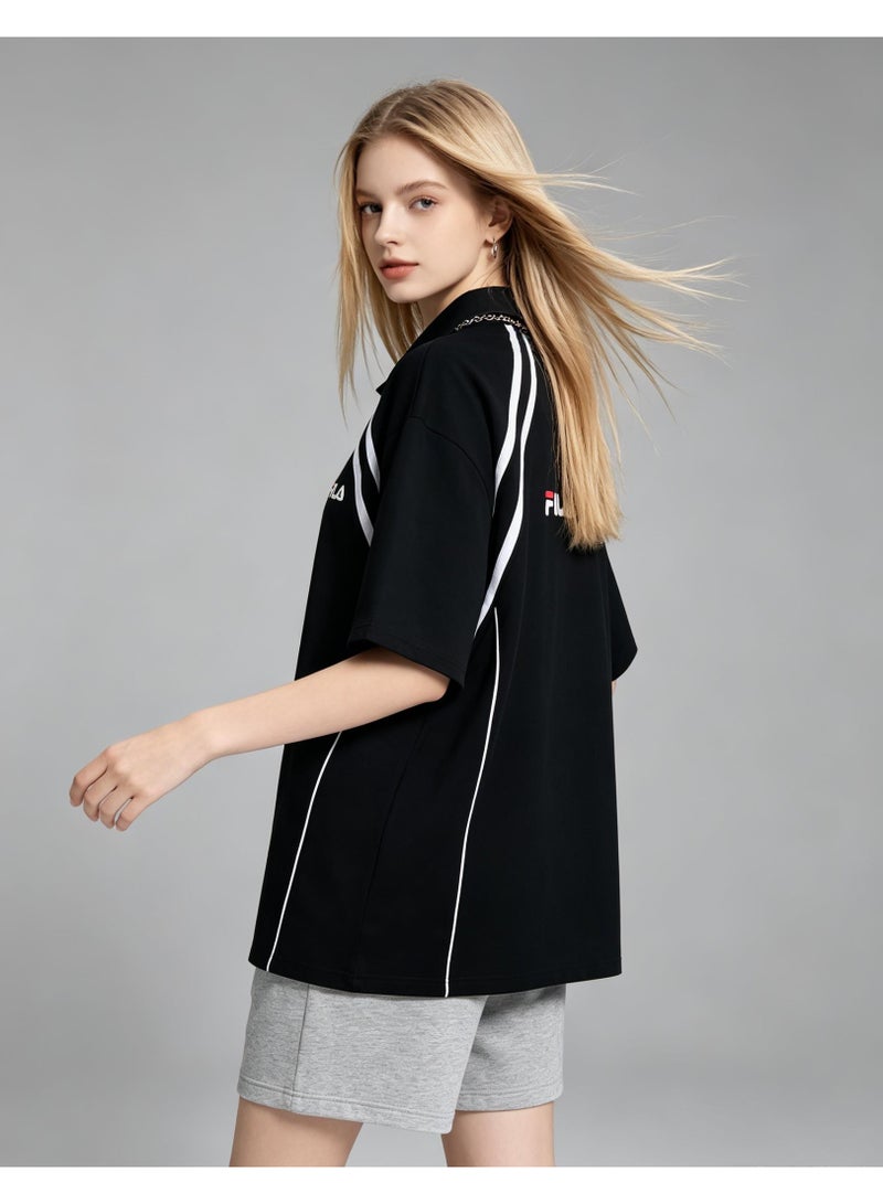 FILA Contrasting Semi-Zipped Polo Shirt for Men and Women Summer Loose Shoulder Short Sleeve Retro Lapel T-shirt - Image 5