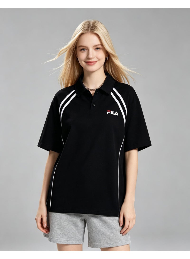 FILA Contrasting Semi-Zipped Polo Shirt for Men and Women Summer Loose Shoulder Short Sleeve Retro Lapel T-shirt - Image 1