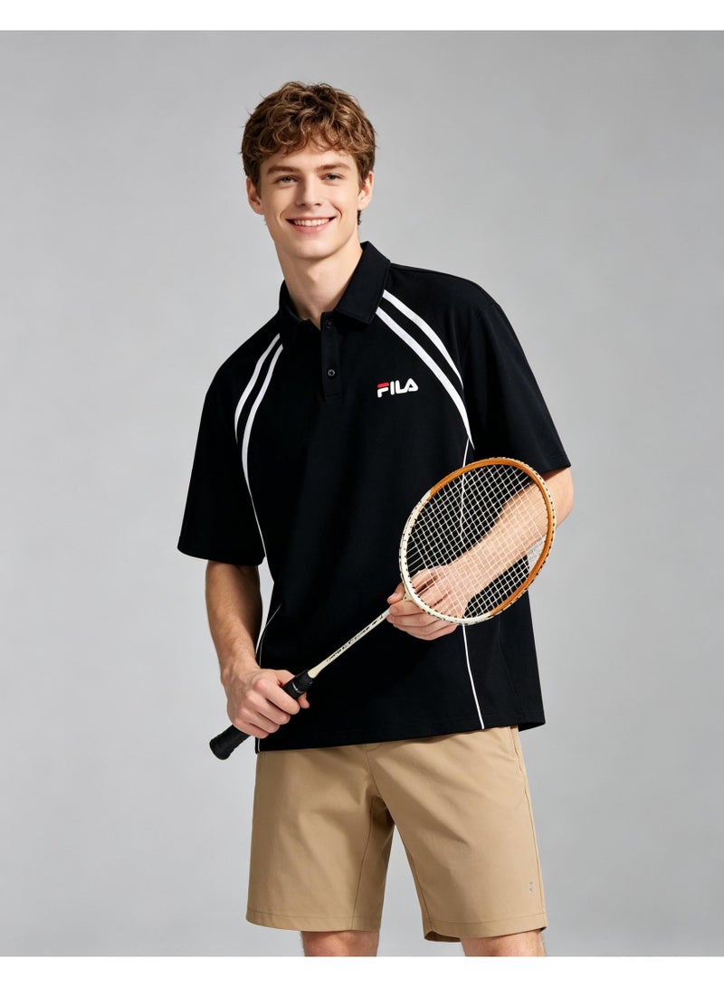 FILA Contrasting Semi-Zipped Polo Shirt for Men and Women Summer Loose Shoulder Short Sleeve Retro Lapel T-shirt - Image 2