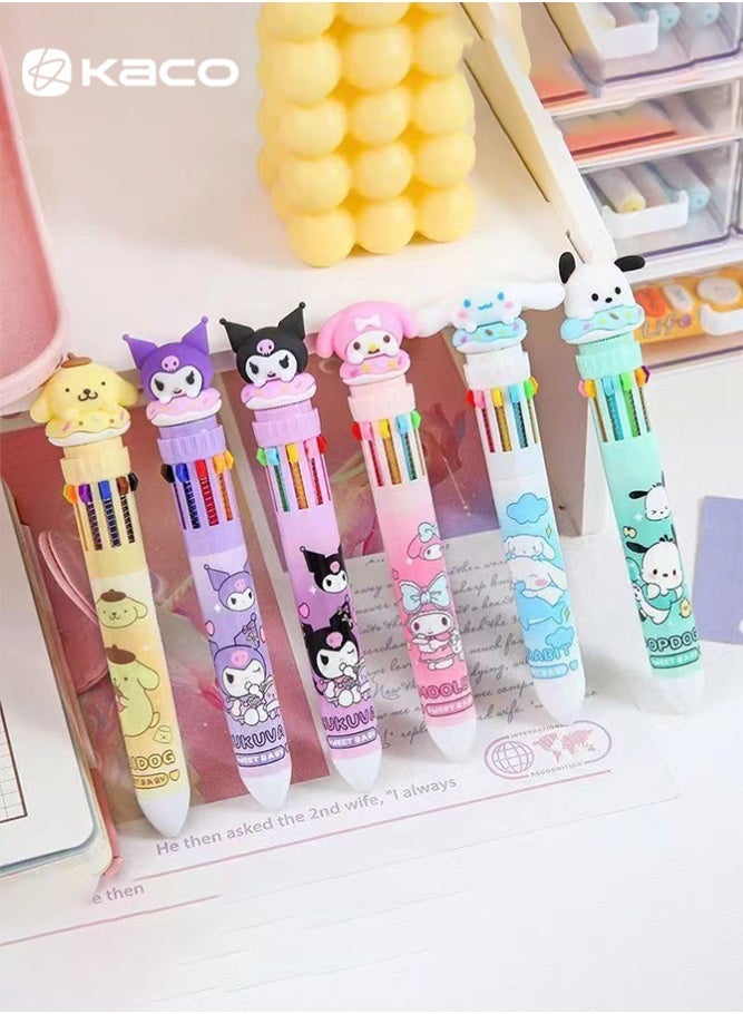 كاكو أقلام حبر جاف 10 في 1، 6 أقلام قابلة للسحب بتصميم قطة، مجموعة أدوات مكتبية لطيفة للمكتب والمدرسة، أقلام رسم حيوانات مرحة هدية للطلاب والأطفال (10 ألوان) - Image 1