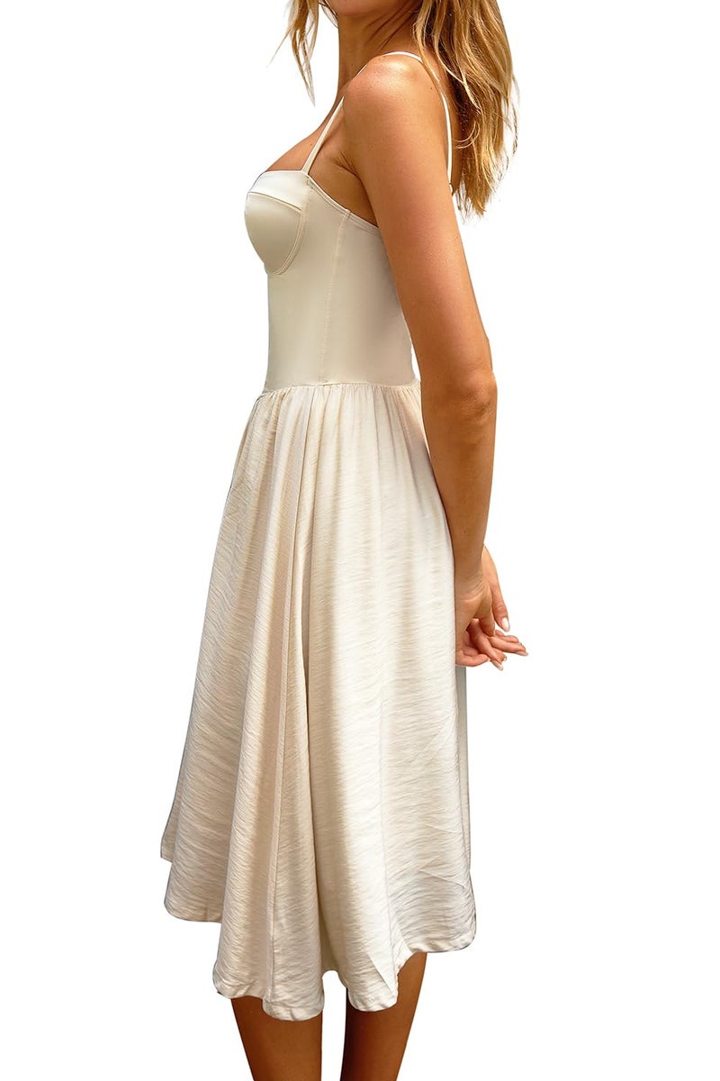 CHYRII Womens Fashion Summer 2025 Sweetheart Neck Spaghetti Straps Corset A-Line Long Sundress Midi Dress Beige S - Image 5