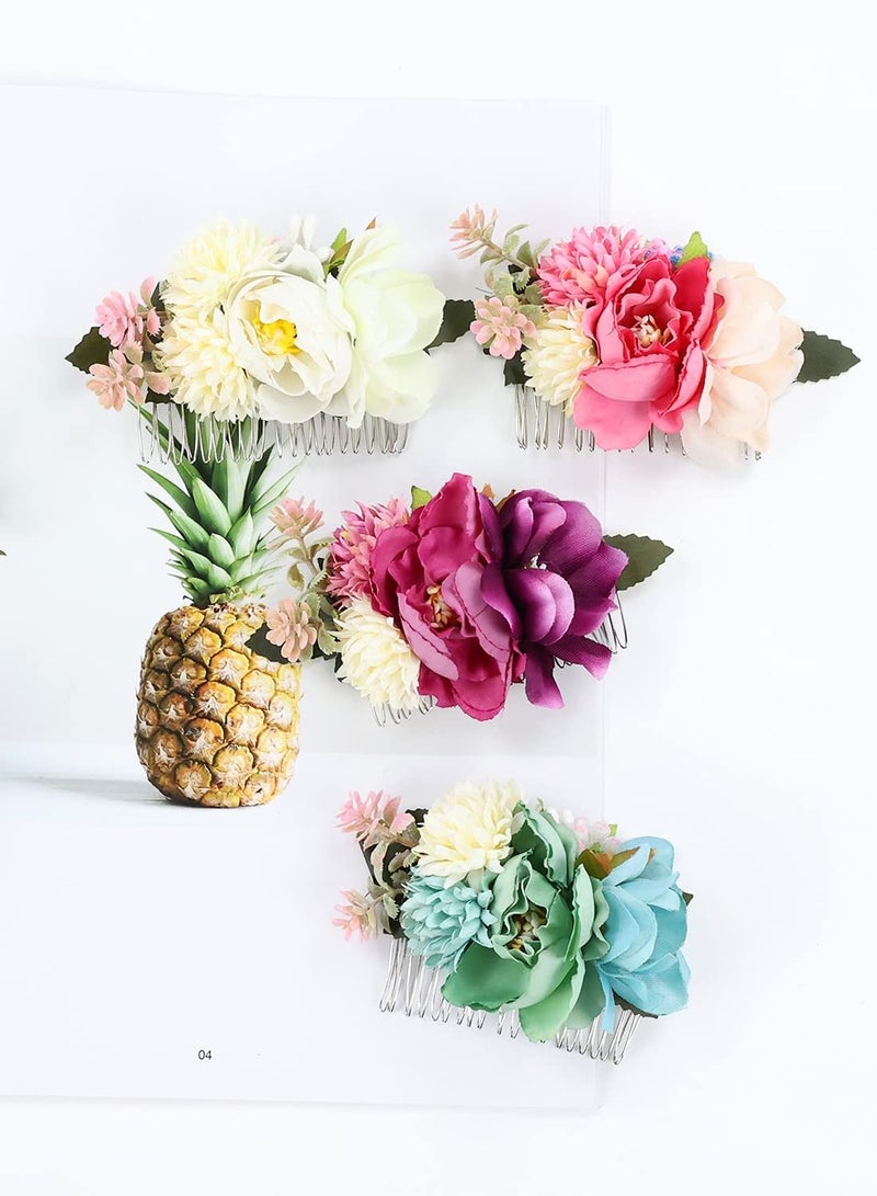 Flower Metal Hair Side Combs Slide Clips With Teeth Floral Bows Hairpins Grips Barrettes Clamps Headpieces for Women Wedding Decorative Holiday Party Bun Chignon Twist Accessories 4 Pack - Image 2