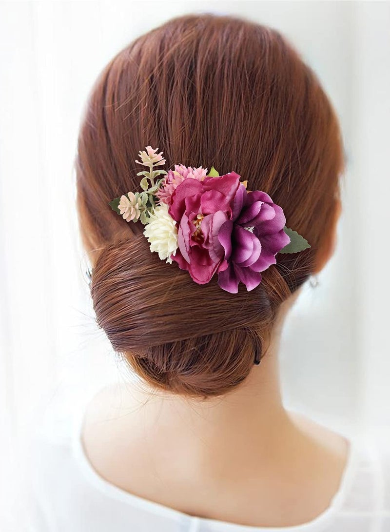 Flower Metal Hair Side Combs Slide Clips With Teeth Floral Bows Hairpins Grips Barrettes Clamps Headpieces for Women Wedding Decorative Holiday Party Bun Chignon Twist Accessories 4 Pack - Image 3