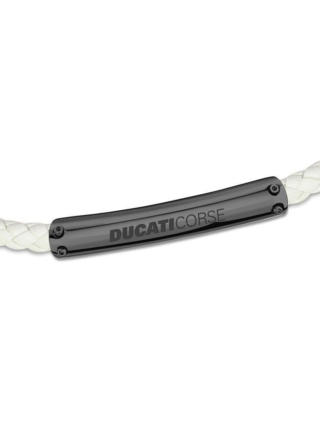 Ducati Vittoria Gunmetal Stainless Steel White Braided Leather Bracelet for Men 210mm - Image 3