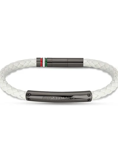 Ducati Vittoria Gunmetal Stainless Steel White Braided Leather Bracelet for Men 210mm