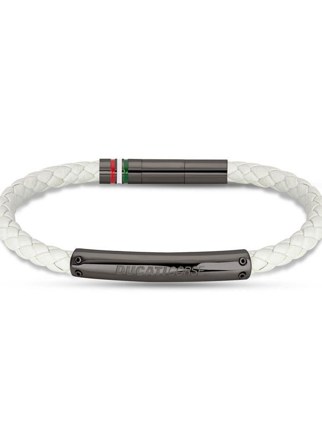 Ducati Vittoria Gunmetal Stainless Steel White Braided Leather Bracelet for Men 210mm - Image 1
