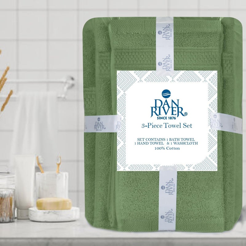 DAN RIVER 100% Ring Spun Cotton 3-Piece Towel Set, Sage-Green, Bath Towel, Hand Towel and Washcloths, 550 GSM - Soft, Absorbent Quick Dry Cotton Towels for Bathroom, Spa, and Gym - Image 2