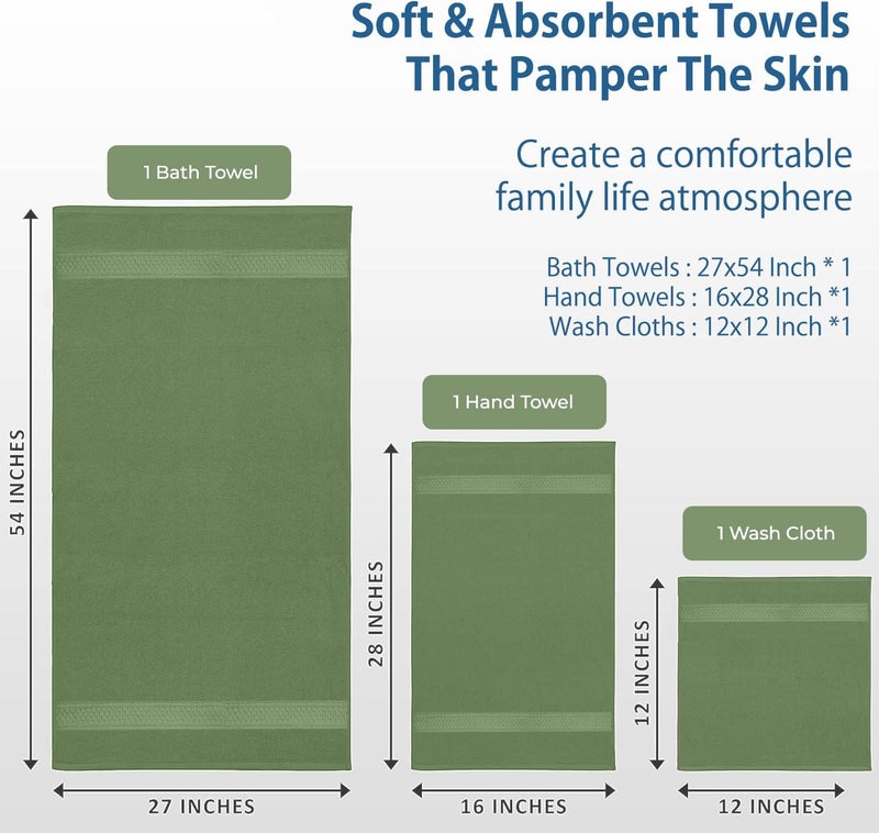 DAN RIVER 100% Ring Spun Cotton 3-Piece Towel Set, Sage-Green, Bath Towel, Hand Towel and Washcloths, 550 GSM - Soft, Absorbent Quick Dry Cotton Towels for Bathroom, Spa, and Gym - Image 4