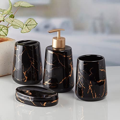 Kookee Ceramic Bathroom Set – Stylish 4 Piece Bath Accessories Kit with Soap Dispenser, Toothbrush Holder, Tumbler & Soap Dish – Modern & Designer Decor for Home & Guest Bathrooms, Grey/Gold (9748) - Image 2