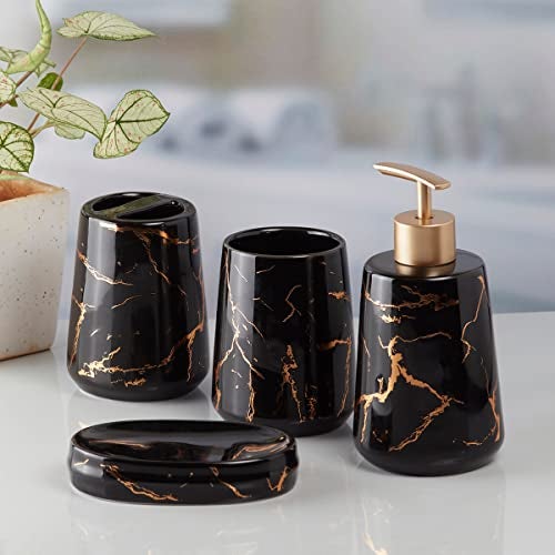 Kookee Ceramic Bathroom Set – Stylish 4 Piece Bath Accessories Kit with Soap Dispenser, Toothbrush Holder, Tumbler & Soap Dish – Modern & Designer Decor for Home & Guest Bathrooms, Grey/Gold (9748) - Image 3