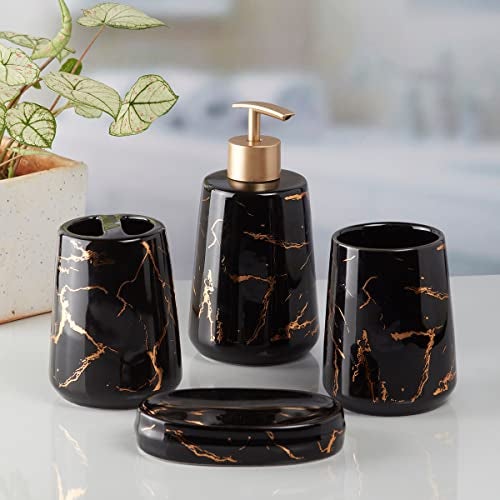 Kookee Ceramic Bathroom Set – Stylish 4 Piece Bath Accessories Kit with Soap Dispenser, Toothbrush Holder, Tumbler & Soap Dish – Modern & Designer Decor for Home & Guest Bathrooms, Grey/Gold (9748) - Image 4