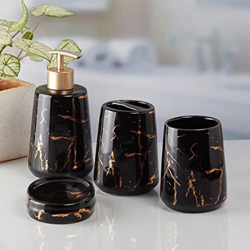 Kookee Ceramic Bathroom Set – Stylish 4 Piece Bath Accessories Kit with Soap Dispenser, Toothbrush Holder, Tumbler & Soap Dish – Modern & Designer Decor for Home & Guest Bathrooms, Grey/Gold (9748) - Image 1