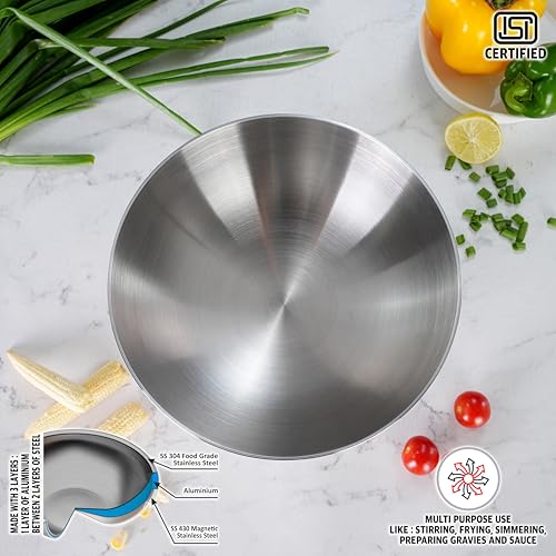 Sumeet ISI Certified Cook Smart TriPly Steel-Aluminium-Steel 3 Layer Round Bottom Tasra - 22cm, 2.350Ltr, Silver - Image 2