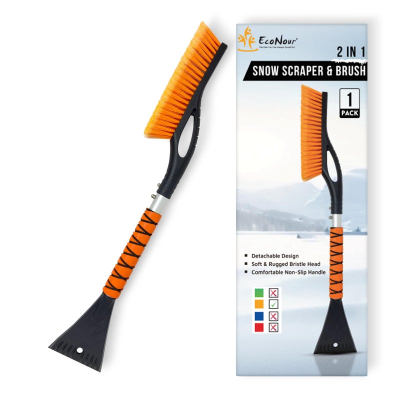 EcoNour 27" Aluminum Ice Scrapers for Car Windshield | Car Snow Scraper Window and Snow Brush with Ergonomic Foam Grip Winter Accessories (Orange) - Image 1