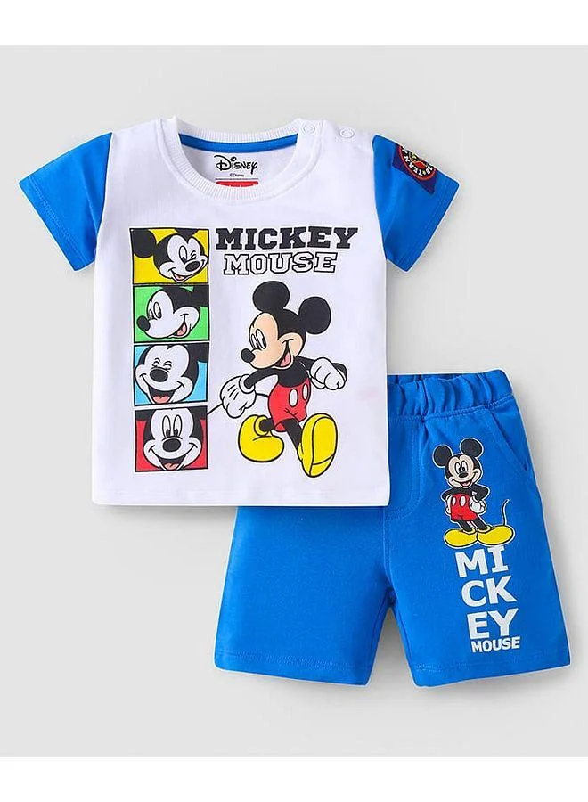 Babyhug Disney Babyhug Disney Single Jersey Knit Half Sleeves T-Shirt & Shorts Set With Mickey Mouse Graphics - White & Blue