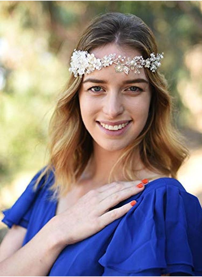 SWEETV Pearl Bridal Headband Sliver Wedding Headpieces For Bride, Crystal Flower Hair Accessories For Women Girls  - Image 2