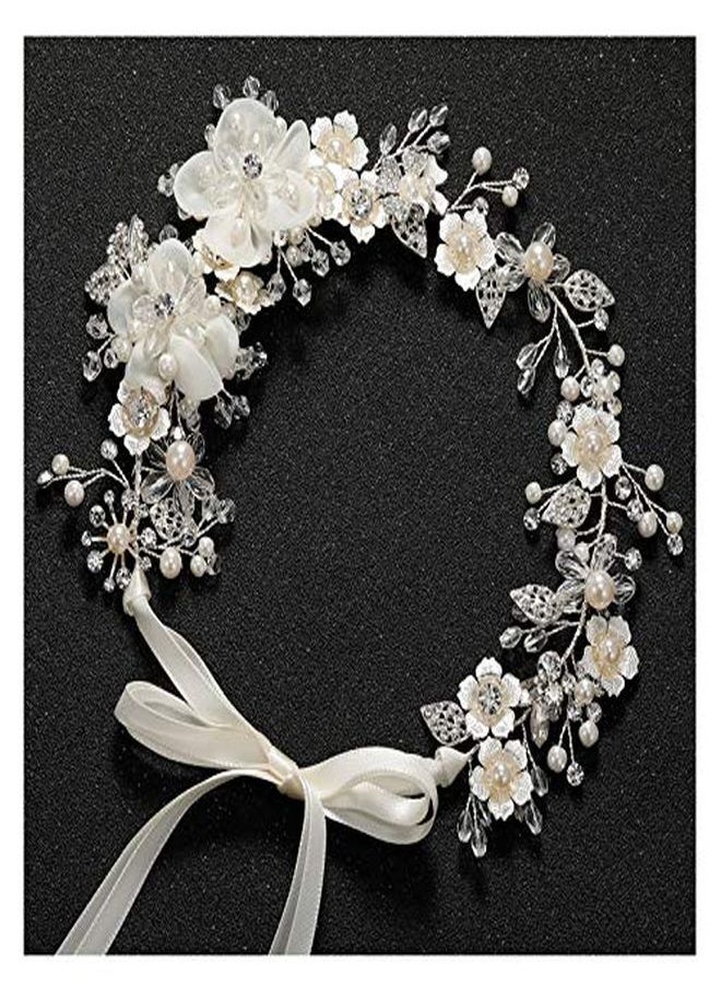 SWEETV Pearl Bridal Headband Sliver Wedding Headpieces For Bride, Crystal Flower Hair Accessories For Women Girls  - Image 1