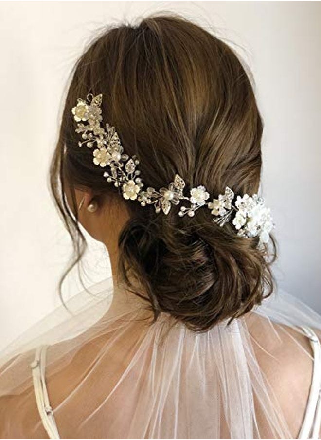 SWEETV Pearl Bridal Headband Sliver Wedding Headpieces For Bride, Crystal Flower Hair Accessories For Women Girls  - Image 3