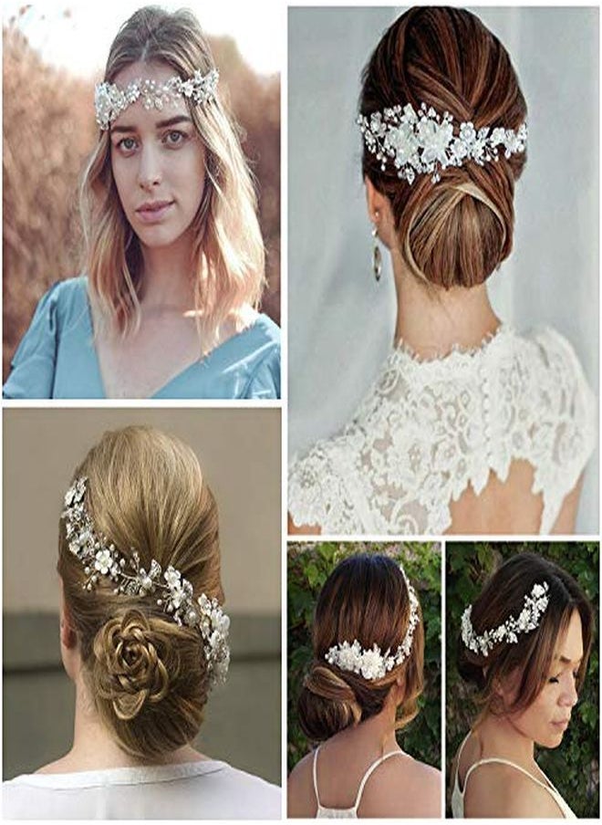SWEETV Pearl Bridal Headband Sliver Wedding Headpieces For Bride, Crystal Flower Hair Accessories For Women Girls  - Image 5