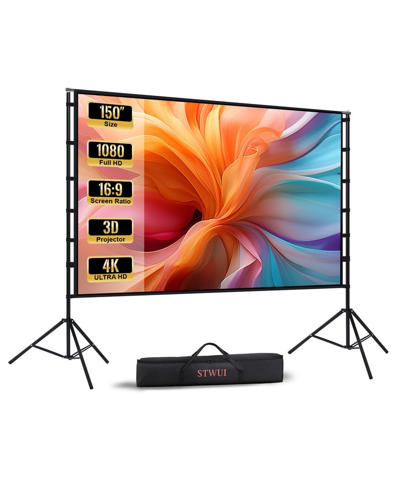 STWUI Projector Screen with Stand - 150 Inch Portable Projector Screens Outdoor Indoor Projector Screen 16:9 5K HD Outdoor Movie Screen with Carry Bag,Enioy Home Theater Projection Screen. - Image 1