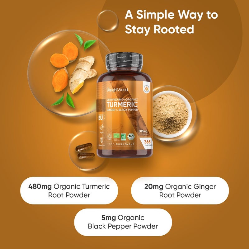 WeightWorld Turmeric and Black Pepper Capsules 365 Capsules with Organic Black Pepper Turmeric Supplement for Both Men Women Easy to Swallow Vegan GlutenFree Made in EU - Image 2