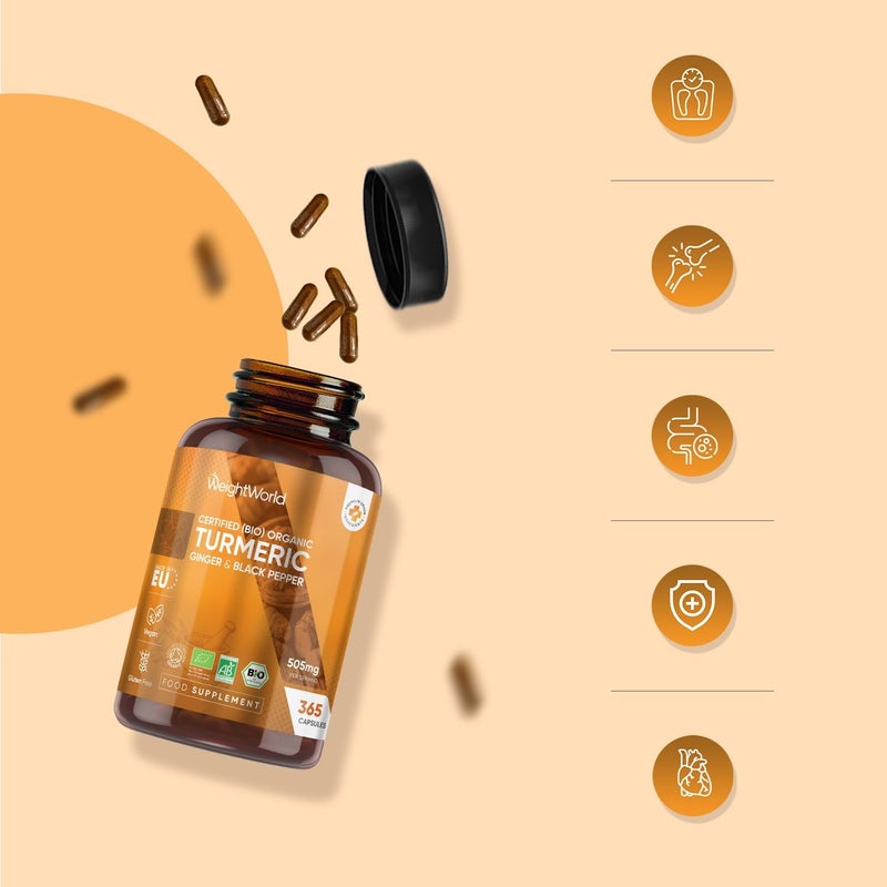 WeightWorld Turmeric and Black Pepper Capsules 365 Capsules with Organic Black Pepper Turmeric Supplement for Both Men Women Easy to Swallow Vegan GlutenFree Made in EU - Image 5