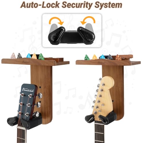 Onmiwod Guitar Wall Mount, Auto Lock Guitar Hanger, Wood Guitar Wall Hangers Shelf with Pick Holder, Guitar Holder Wall Mount for Acoustic, Electric Guitar, Ukulele, Bass, Mandolin Gift - Image 3