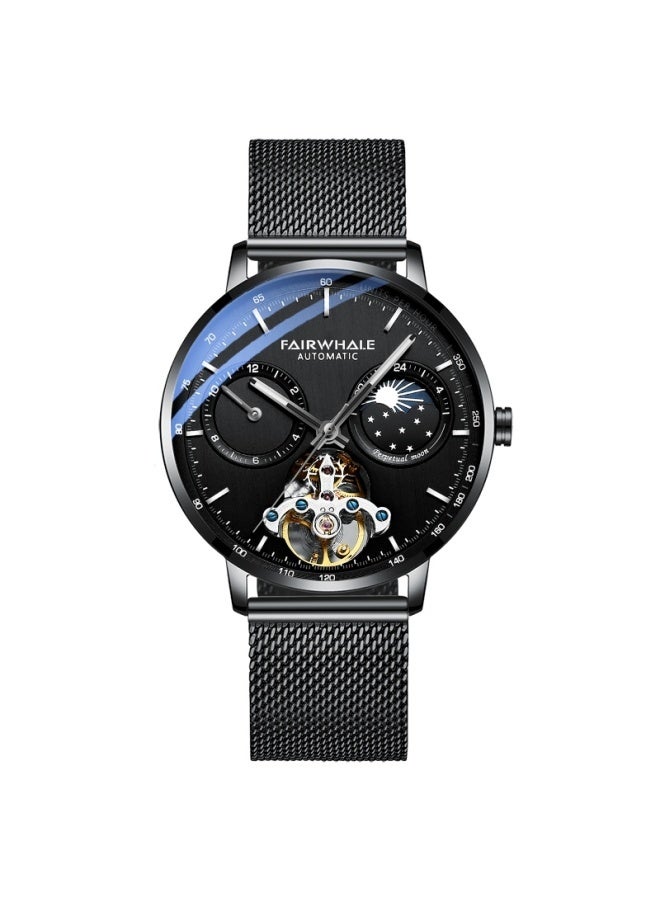 Mark Fairwhale Men's Luxury Skeleton Mechanical Watch - Black Case, Black Dial & Black Steel Bracelet