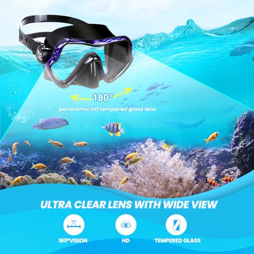 EXP VISION Snorkel Diving Mask, Professional Adults Snorkeling Mask Gear, Ultra Clear Tempered Glass Swim Mask Anti Leakage Swimming Goggles with Nose Cover for Men Women Youth (a-Blue) - Image 2