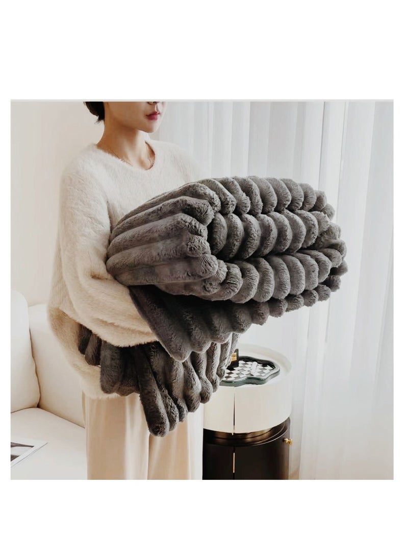 فو بطانية من الفرو سميكة الدافئة شعر الأرنب رمادي أفخم لينة منقوشة رمي 200*230 سنتيمتر ل سرير مزدوج الشتاء غطاء أريكة - Image 1