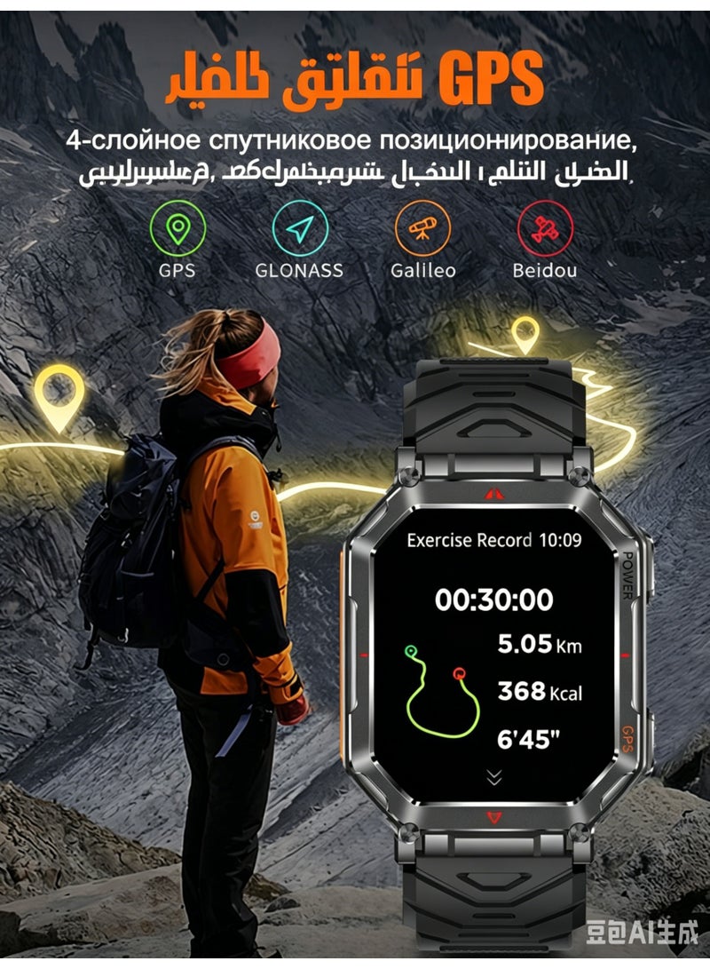 ساعة ذكية عسكرية للرجال، متتبع لياقة بدنية 2.01 بوصة مع مكالمات بلوتوث، مراقبة معدل ضربات القلب والنوم، أكثر من 100 وضع رياضي، متوافقة مع أندرويد و iOS - Image 2