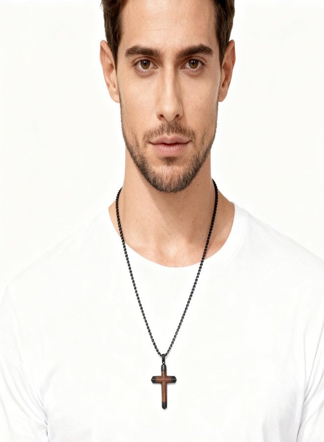 HOSICRON Cross Necklace for Men, Real Ebony Wood Mens Cross Necklace Black Stainless Steel Christian Handmade Wooden Pendant for Men, Free 24 Inch Box Chain - Image 3