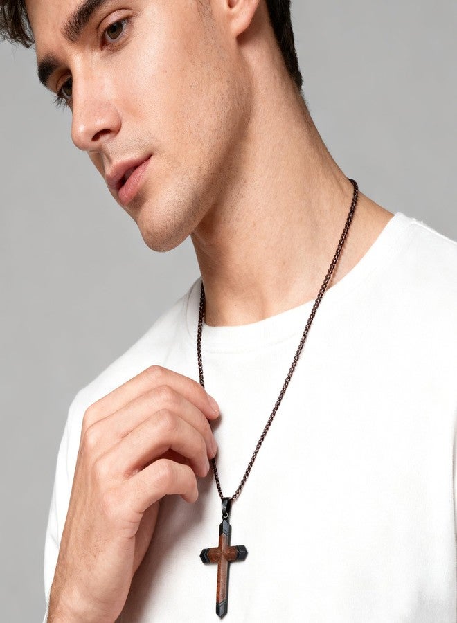 HOSICRON Cross Necklace for Men, Real Ebony Wood Mens Cross Necklace Black Stainless Steel Christian Handmade Wooden Pendant for Men, Free 24 Inch Box Chain - Image 5