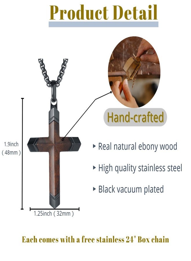 HOSICRON Cross Necklace for Men, Real Ebony Wood Mens Cross Necklace Black Stainless Steel Christian Handmade Wooden Pendant for Men, Free 24 Inch Box Chain - Image 2