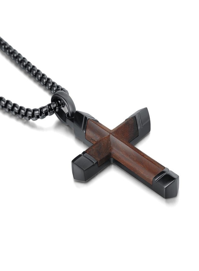 HOSICRON Cross Necklace for Men, Real Ebony Wood Mens Cross Necklace Black Stainless Steel Christian Handmade Wooden Pendant for Men, Free 24 Inch Box Chain - Image 1