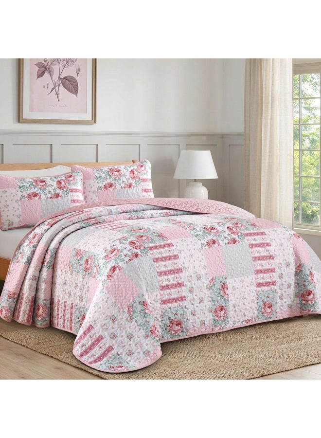Anibedding 3Pieces Patchwork Quilts Queen Size, Pink Flower Plaid Bedspreads with Double Pillowcases for All Season - Image 2
