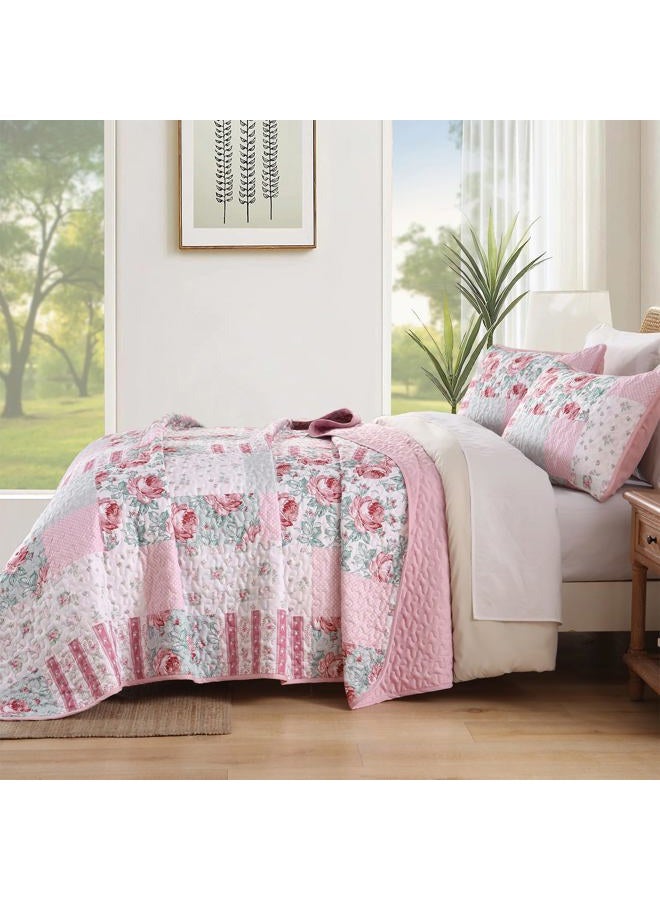 Anibedding 3Pieces Patchwork Quilts Queen Size, Pink Flower Plaid Bedspreads with Double Pillowcases for All Season - Image 3