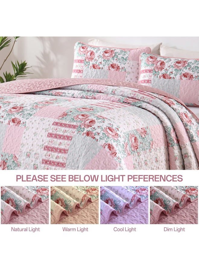 Anibedding 3Pieces Patchwork Quilts Queen Size, Pink Flower Plaid Bedspreads with Double Pillowcases for All Season - Image 5