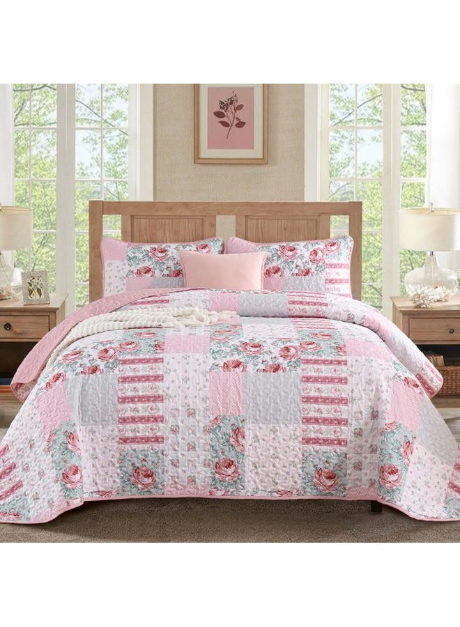 Anibedding 3Pieces Patchwork Quilts Queen Size, Pink Flower Plaid Bedspreads with Double Pillowcases for All Season - Image 1