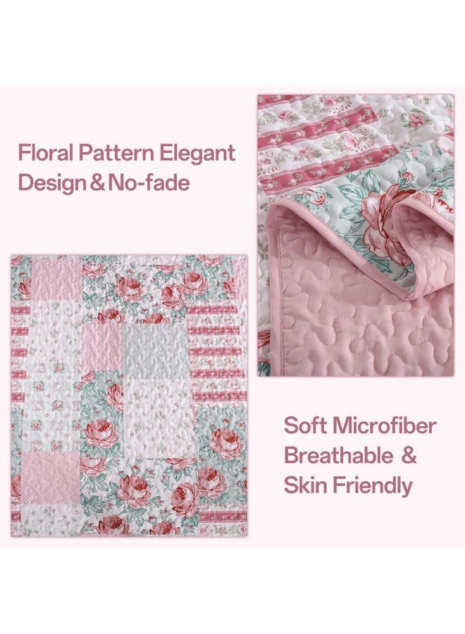 Anibedding 3Pieces Patchwork Quilts Queen Size, Pink Flower Plaid Bedspreads with Double Pillowcases for All Season - Image 4