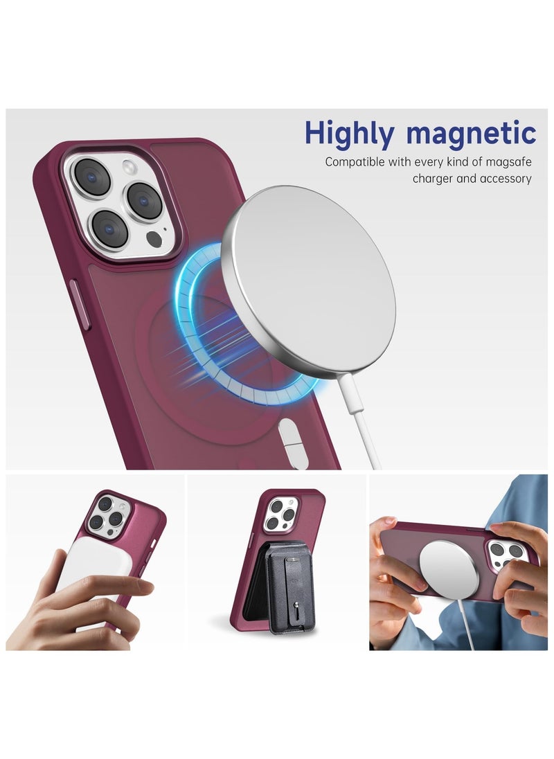 Matte Magnetic case for iPhone 15 Pro Max , High Grade Drop Protection with Shockproof Strip, Translucent Matte Back Phone Case (Deep Red)