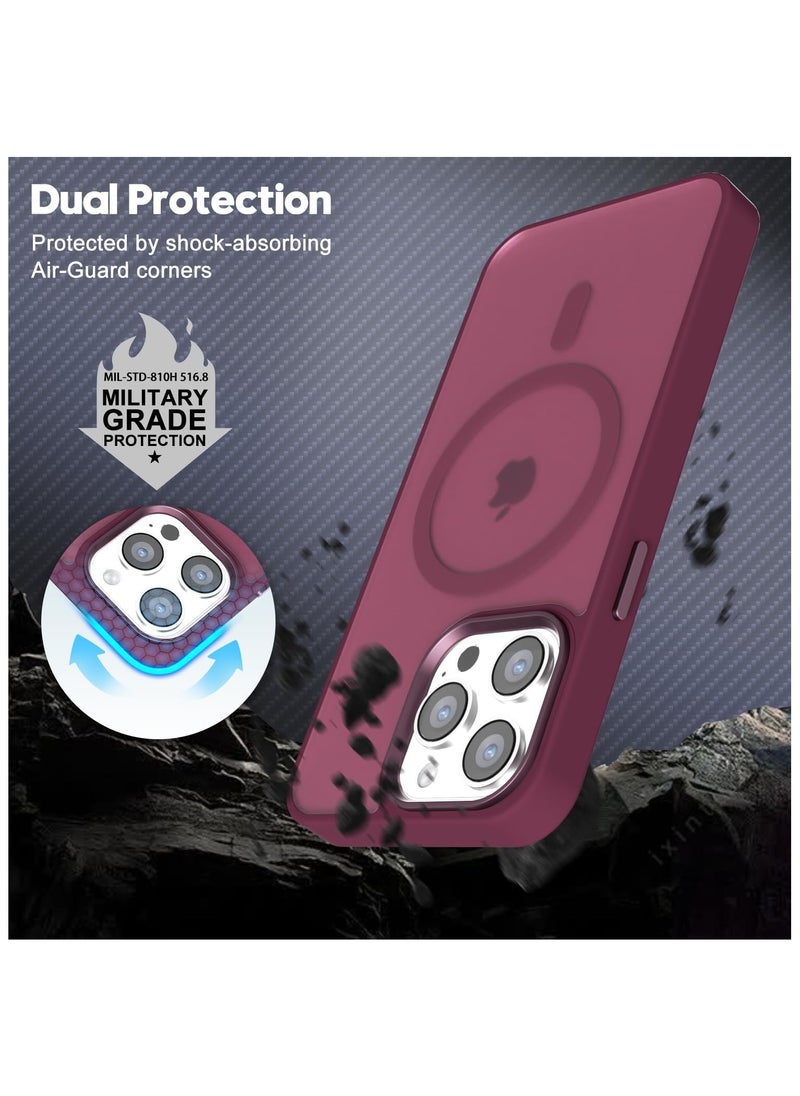 Matte Magnetic case for iPhone 15 Pro Max , High Grade Drop Protection with Shockproof Strip, Translucent Matte Back Phone Case (Deep Red)