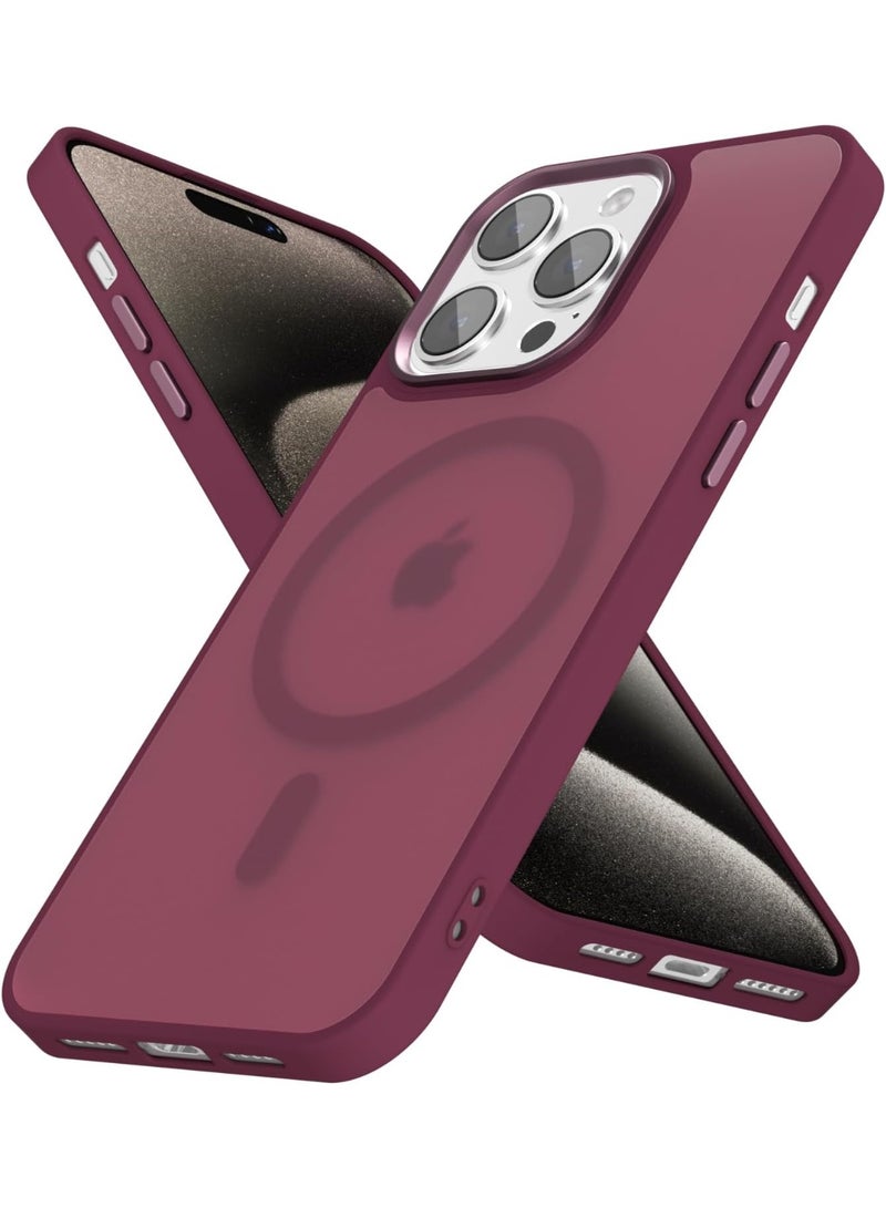 أكاليكس جراب مغناطيسي غير لامع لهاتف iPhone 15 Pro Max، حماية عالية الجودة من السقوط مع شريط مقاوم للصدمات، جراب خلفي شفاف غير لامع للهاتف (أحمر غامق) - Image 1