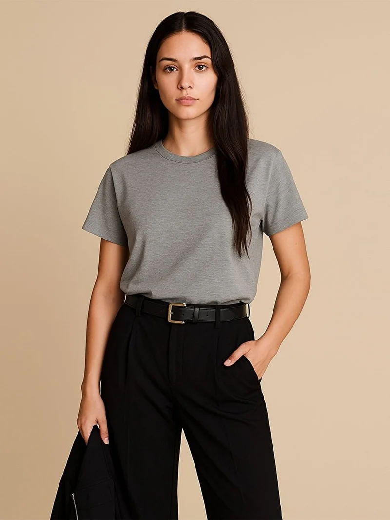 Short Sleeve Crew Neck Basic Anthracite T-Shirt