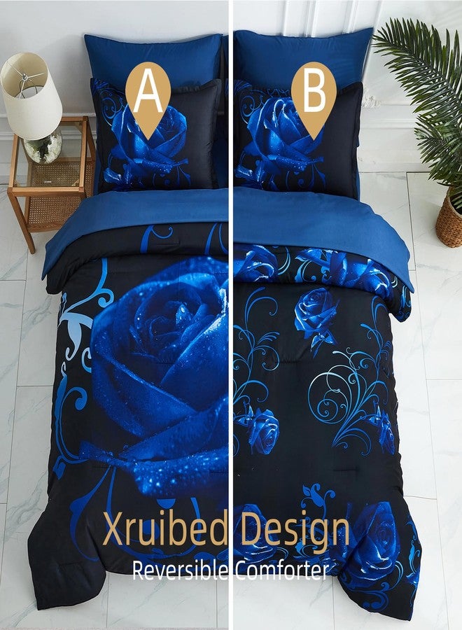Xruibed Blue Comforter Set Queen 7 Piece Bed in a Bag Blue Rose Comforter with Sheet Set Soft Micorfiber Reversible Bedding Set (1 Comforter,2 Pillow Shams,1 Flat Sheet,1 Fitted Sheet,2 Pillowcases) - Image 2
