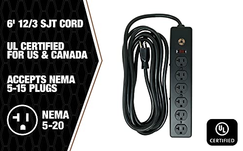 Southwire 5120 20 Amp Rated, 6 Outlet all Metal Power Strip with NEMA 5-20 P&R, 6 Foot 12/3 Cord - Image 4