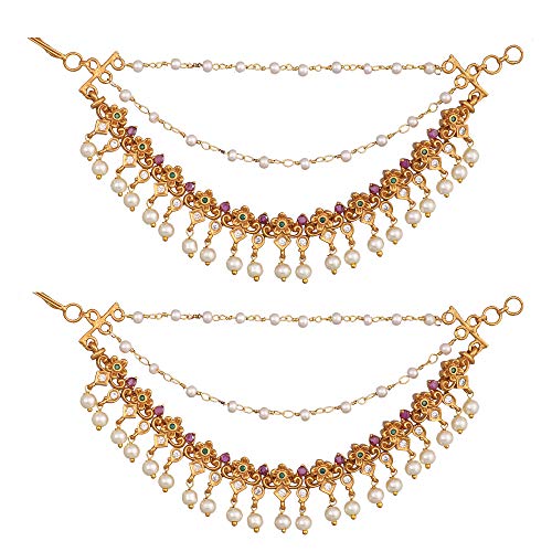 TARINIKA Antique Gold Plated Ear Chain | Traditional Indian Brass Jewelry with CZ and Pearls for Wedding & Festive Events Hair Jewellery (Gayatri Antique(White Red Green)) - Image 1