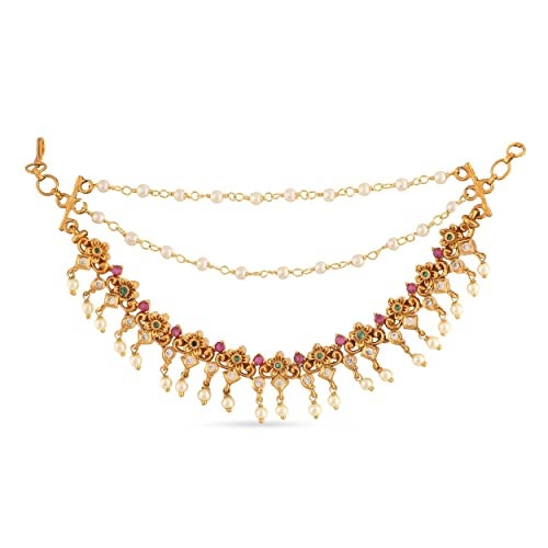 TARINIKA Antique Gold Plated Ear Chain | Traditional Indian Brass Jewelry with CZ and Pearls for Wedding & Festive Events Hair Jewellery (Gayatri Antique(White Red Green)) - Image 3